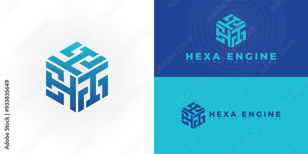 Poster abstract hexagon initial letter he or eh in blue color isolated on multiple background colors. the l