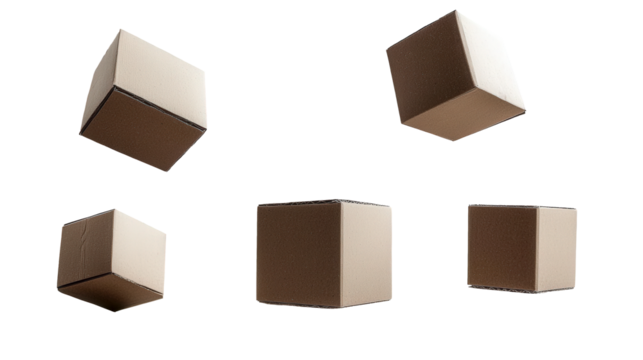 Cardboard boxes floating in air on a white background