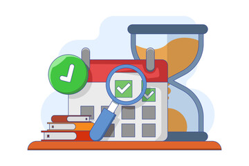 Business time management concept, Project management, Productivity, Time planning, Exam deadline, Schedule manager, Calendar planner, Partial completion of checklist successfully. Vector illustration.