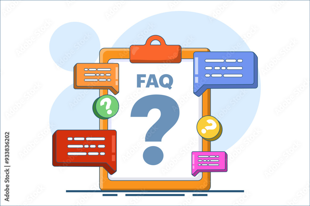 Aufkleber frequently asked questions concept, faq when contacting support. user asking question in support cha