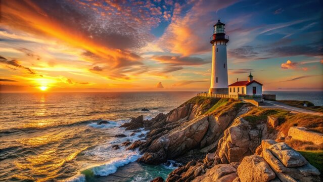 Lighthouse overlooking rocky coast at sunset, lighthouse, coast, ocean, sunset, beacon, navigation, maritime, seashore