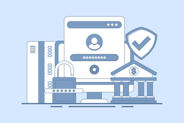 Safe online banking concept, online banking and mobile payments, login to bank account, digital wallet, internet money, savings and finance, mobile banking. Flat vector illustration on background.