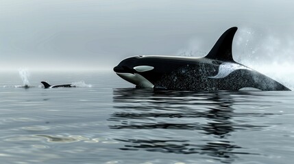Fototapeta premium Orca and Calf Swimming in the Ocean.