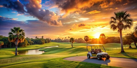 Golf cart driving on Florida golf course at beautiful sunset, Golf cart, sunset, Florida, golf course, driving