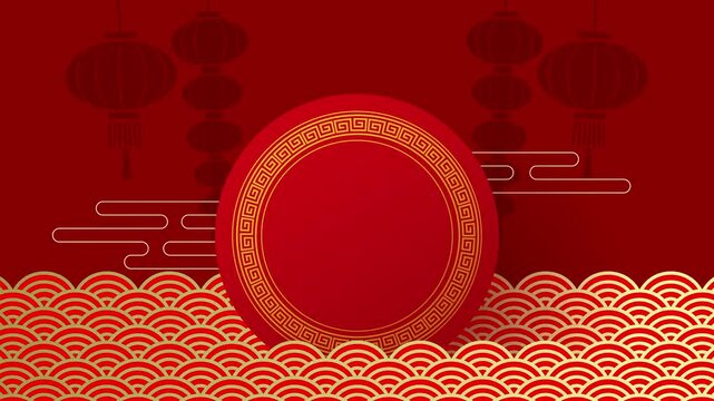 Chinese round pattern frame template for greeting card animation. Asian background horizontal video template with red paper lanterns and oriental pattern.