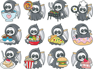 Illustration of cute skull ghost icon.
Funny skull ghost in activities stickers.
Angel of death cute elements.