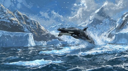 Fototapeta premium Orca Jumping Through Icebergs in a Frozen Sea.