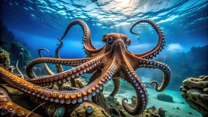 Obraz premium Vibrant blue ocean waves surround a curious octopus, its eight tender arms stretching outward, suckers glistening, as it explores a shipwreck's rusty remains.