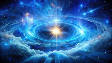 Vibrant blue starburst radiates from the center, surrounded by glowing rings and swirling clouds of gas, evoking a sense of cosmic energy and wonder.