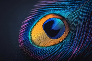 Obraz premium Close-up of a vibrant peacock feather showcasing stunning colors and intricate details, perfect for nature and texture themes.