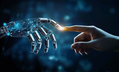 Artificial intelligence robot hand reaching out to touch the finger of human on a dark blue background, an AI and technology concept.