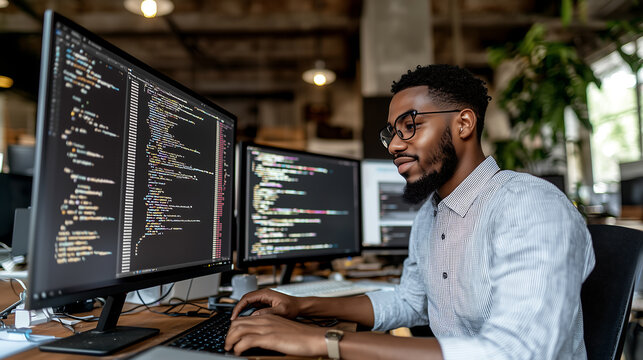A focused software developer working on code with dual monitors in a office.
