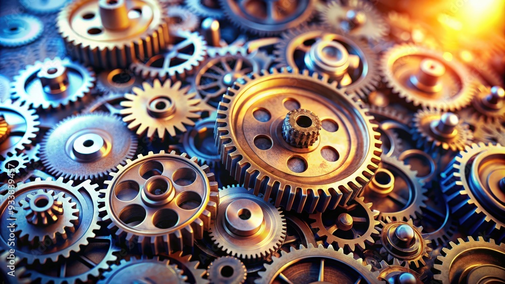 Poster close-up of gears and cogs in a mechanical background setting, machinery, engineering, industrial, t