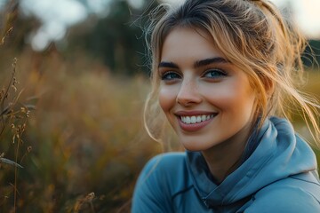Fototapeta premium A smiling woman athlete taking a break during her outdoor workout.