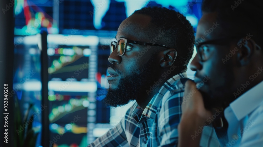 Aufkleber Two professionals analyze intricate charts and data in a modern workspace illuminated by vibrant screens, showcasing their dedication and concentration
