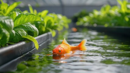 Aquaponics system with fish tanks and vegetable beds, symbiotic farming, eco-friendly horticulture