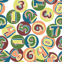 Hand drawn numbers seamless pattern for digital background, wallpaper and textile print. Cartoon style drawing. Education and finance theme, school lettering 