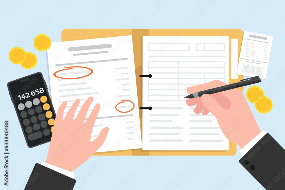 Poster data analysis with hand writing on paper, hand counting on calculator with analyzes financial docume