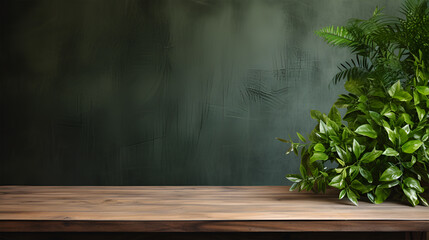 Nature-inspired background with a green leafy wall and a empty wooden table for eco-friendly product displays