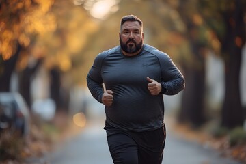 Obraz premium A young overweight man is running outdoors as part of his fitness lifestyle.