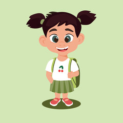 Cute little girl in white t-shirt, green skirt and red sandals with backpack on her back. Flat colorful vector character of smiling positive little schoolgirl isolated on light green background. EPS10