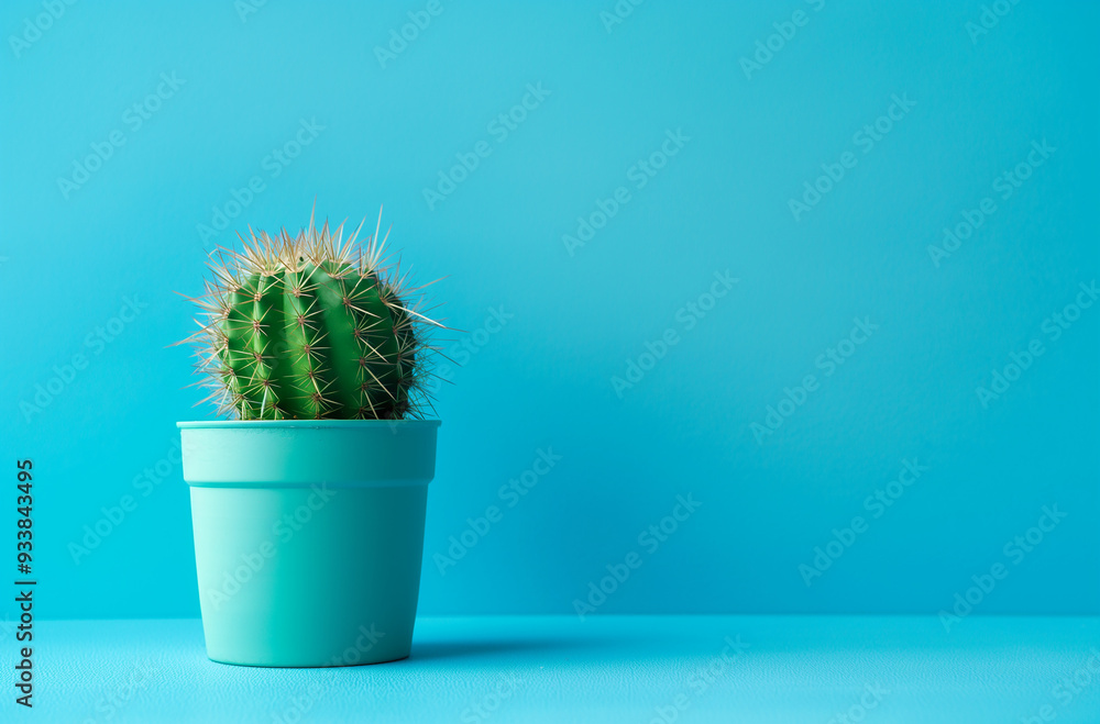 Wall mural cactus in a pot isolated on a blue background with copy space