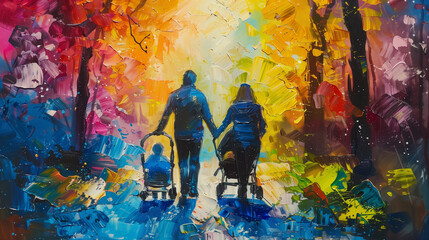 Family stroll with a baby in an autumnal park, AI-generated image.