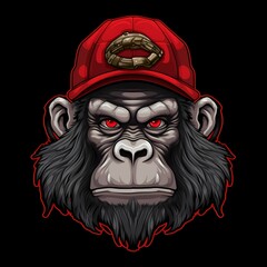A fierce gorilla wearing a red cap with a gold emblem and glowing red eyes against a black background