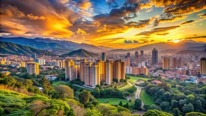 Obraz premium Vibrant cityscape of Medellin, Colombia at sunset, showcasing modern skyscrapers, lush green hills, and majestic Andean Mountains in the distant horizon.