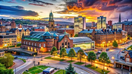 Vibrant cityscape of Sheffield, UK, featuring the iconic Millennium Gallery, bustling streets, and stunning architecture blending modern and industrial heritage.