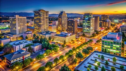 Vibrant cityscape of San Jose at night, with twinkling lights and neon signs illuminating the modern skyscrapers and bustling streets of the downtown area.