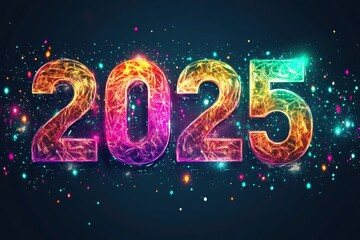 New Year and Christmas "2025". Bright colored numbers on a dark background. Night lettering design with generative ai