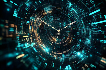 Obraz premium Futuristic clock face is ticking away, surrounded by digital data