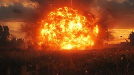 Fototapeta premium A large explosion with flames and smoke billowing out in a field at sunset.