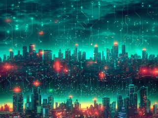 Futuristic Smart Cyber City illustration: Innovative Urban Landscape, futuristic technology and cyber punk concept, Graphic Resources, Wallpapers, Brochure, Websites, banner, Advertising, background