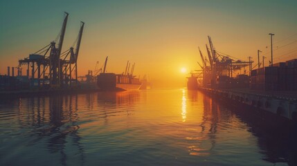 Fototapeta premium A dynamic modern harbor at sunrise featuring cranes and vibrant containers, symbolizing the vitality of global trade, capturing industrial efficiency and maritime activity in high-quality photography.