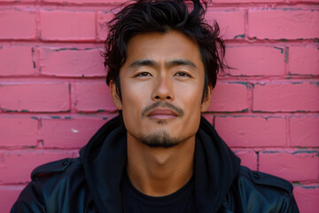 Confident man in leather jacket against pink brick wall background