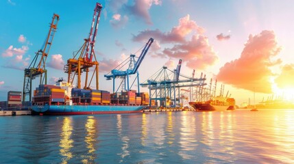 Obraz premium A dynamic modern harbor bustling with cranes and vibrant containers at sunrise, illustrating the vitality of global trade and maritime activity through that captures industrial efficiency.