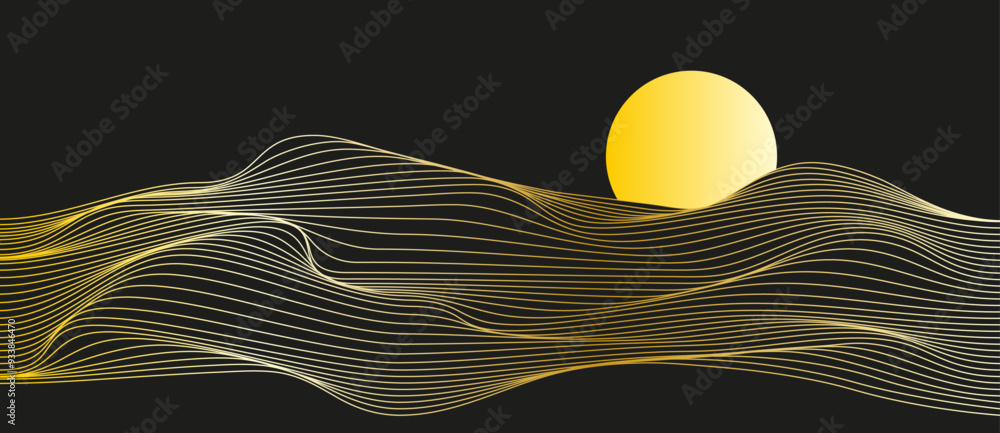 Poster Abstract line art mountain landscape with glowing wavy line pattern, smooth flowing dynamic gradient waves isolated on black background. Vector illustration