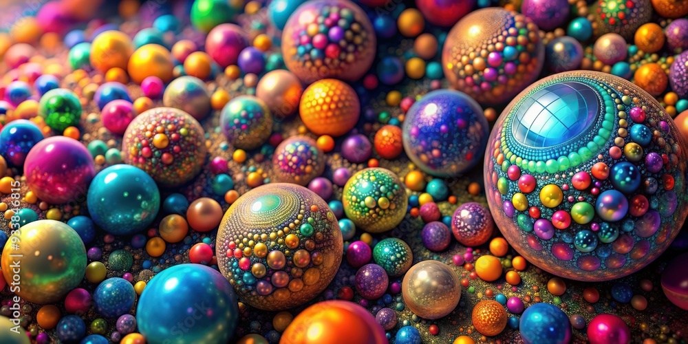 Poster abstract fractal background with infinite colorful spheres, original rendering with copy space, frac