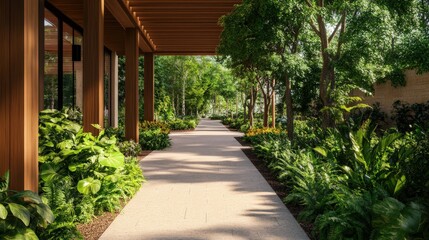 Serene pathway through lush greenery, bordered by vibrant plants, providing an inviting atmosphere for leisurely strolls.