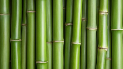 Close-up of green bamboo stalks arranged in a row