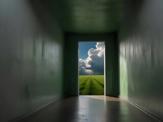 Surreal Abstract Hallway with Clouds Flying - Perfect for Inspirational, Motivational Backgrounds, Geometric Art, and Metaphorical Design