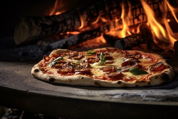 Delicious pizza with tomatoes and basil cooking in a wood fired oven