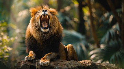 Obraz premium Roaring Lion in Jungle Habitat.