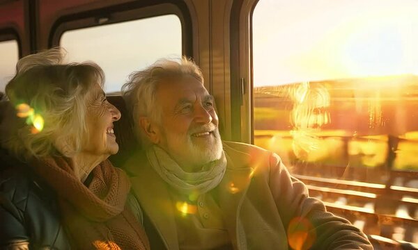 Golden Hour Getaway: A senior couple embraces the warmth of a scenic train journey as the sun sets, painting their faces with a golden glow of contentment and wanderlust. 