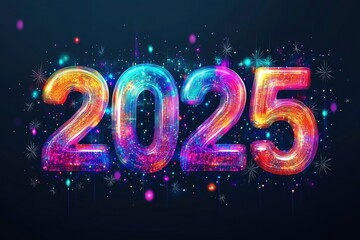 New Year and Christmas "2025". Bright colored numbers on a dark background. Night lettering design with generative ai