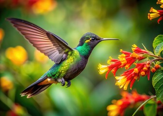 Fototapeta premium Vibrant collared Inca hummingbird in mid-air, sipping nectar from bright red and yellow flowers amidst lush green foliage, showcasing its iridescent feathers.