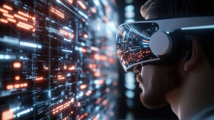 Human exploring a futuristic digital world with augmented reality, AI companions, and immersive environments