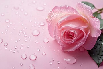 Pink rose on a pink background with water droplets. Copy space with generative ai